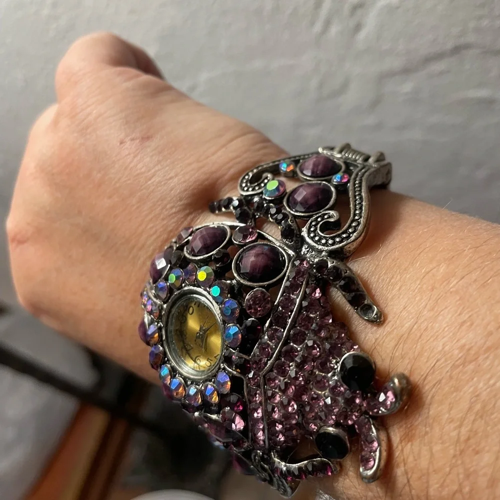 Bling rhinestone vintage watch lady bug in purple fit m to large